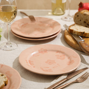 Porto Petals - 4-Piece 8.6 Inch Salad Plate Set - Hand-Painted Portuguese Stoneware - Blush Pink