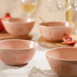 4-Piece 6.4 Inch Cereal Bowl Set - Hand-Painted Portuguese Stoneware - Porto Petals - Blush Pink