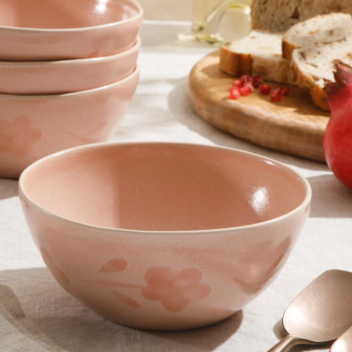 4-Piece 6.4 Inch Cereal Bowl Set - Hand-Painted Portuguese Stoneware - Porto Petals - Blush Pink