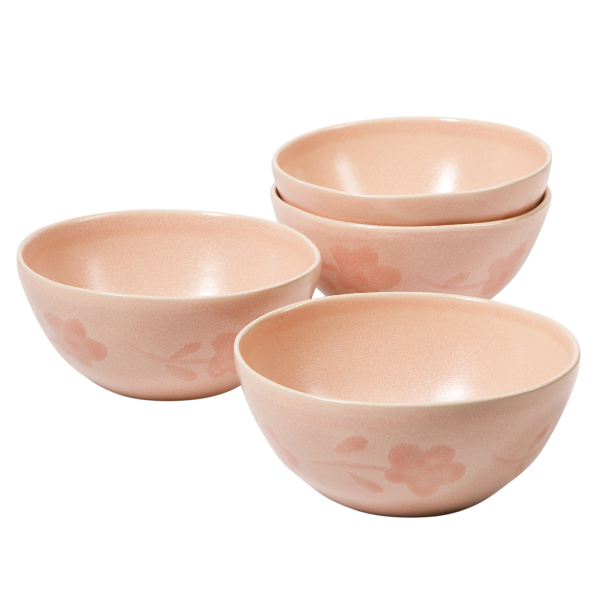 4-Piece 6.4 Inch Cereal Bowl Set - Hand-Painted Portuguese Stoneware - Porto Petals - Blush Pink