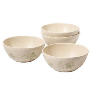 Porto Petals - 4-Piece 6.4 Inch Cereal Bowl Set - Hand-Painted Portuguese Stoneware - Green Orchid