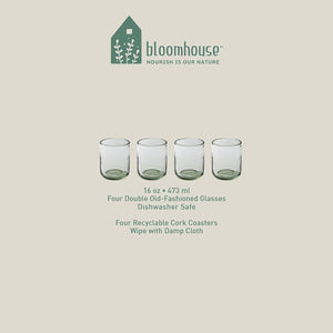Bloomhouse Sayulita Spring 8 Piece Hand Made 16 oz Jadeite Colored Glass Double Old Fashioned Set w/ Coasters