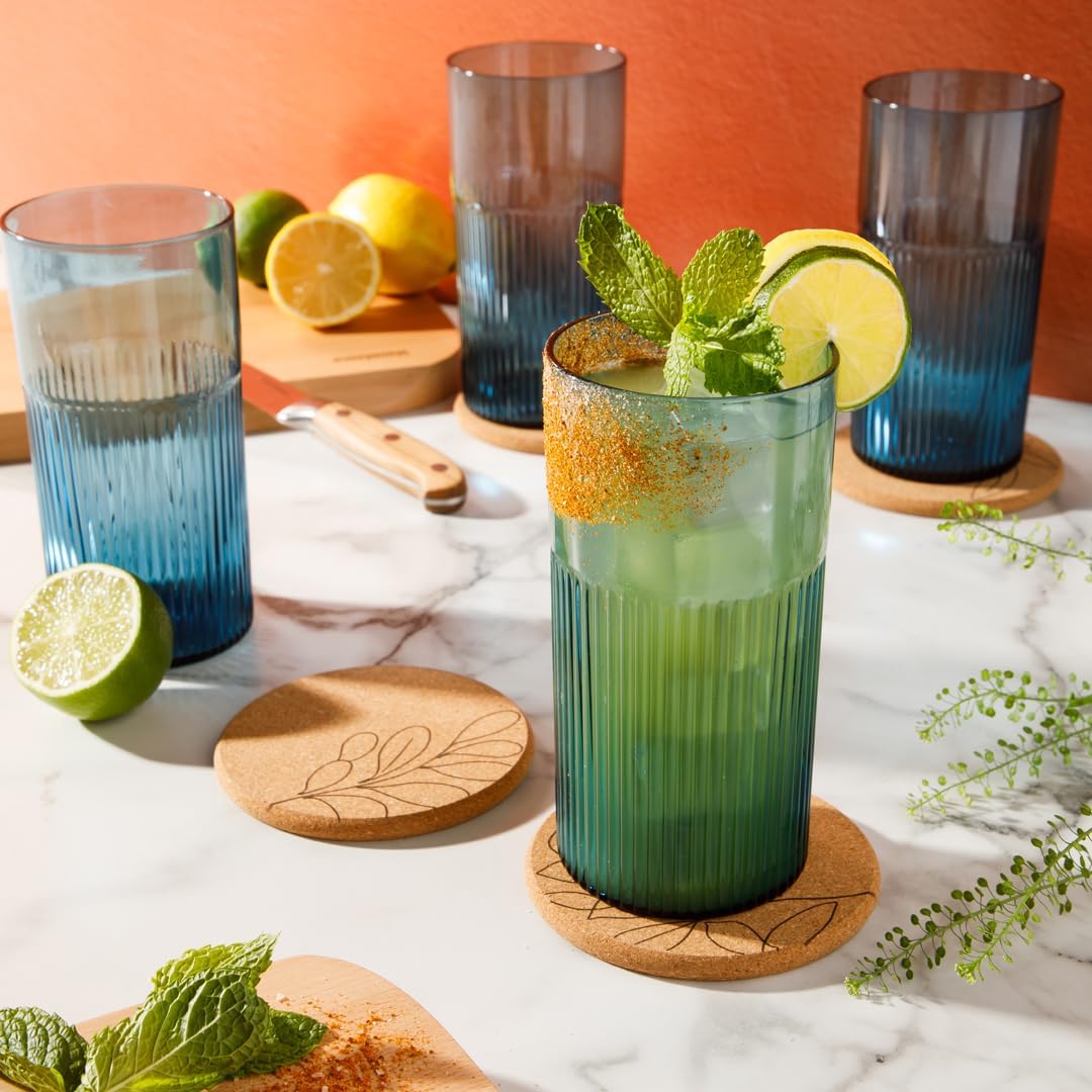 Bloomhouse Lyon Sky 8 Piece Hand Made 18 oz Colored Glass Tumbler Set w/ Coasters -  Lapis Blue