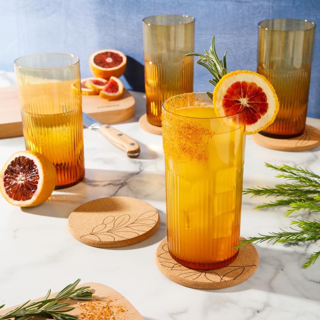 Bloomhouse Lyon Sky 8 Piece Hand Made 18 oz Colored Glass Tumbler Set w/ Coasters - Tumeric Yellow