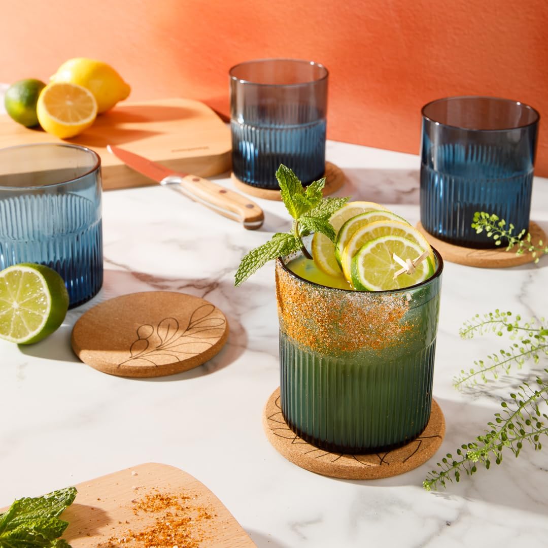 Bloomhouse Lyon Sky 8 Piece Hand Made 16 oz Colored Glass Double Old Fashioned Set w/ Coasters - Lapis Blue