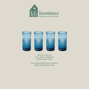 Bloomhouse Lyon Sky 8 Piece Hand Made 18 oz Colored Glass Tumbler Set w/ Coasters