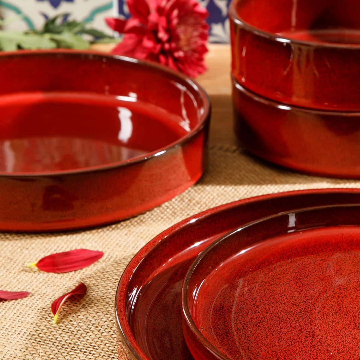 Santorini Mist - 16-Piece Dinnerware Set for 4 - Reactive Glaze Terracotta, Garnet Red
