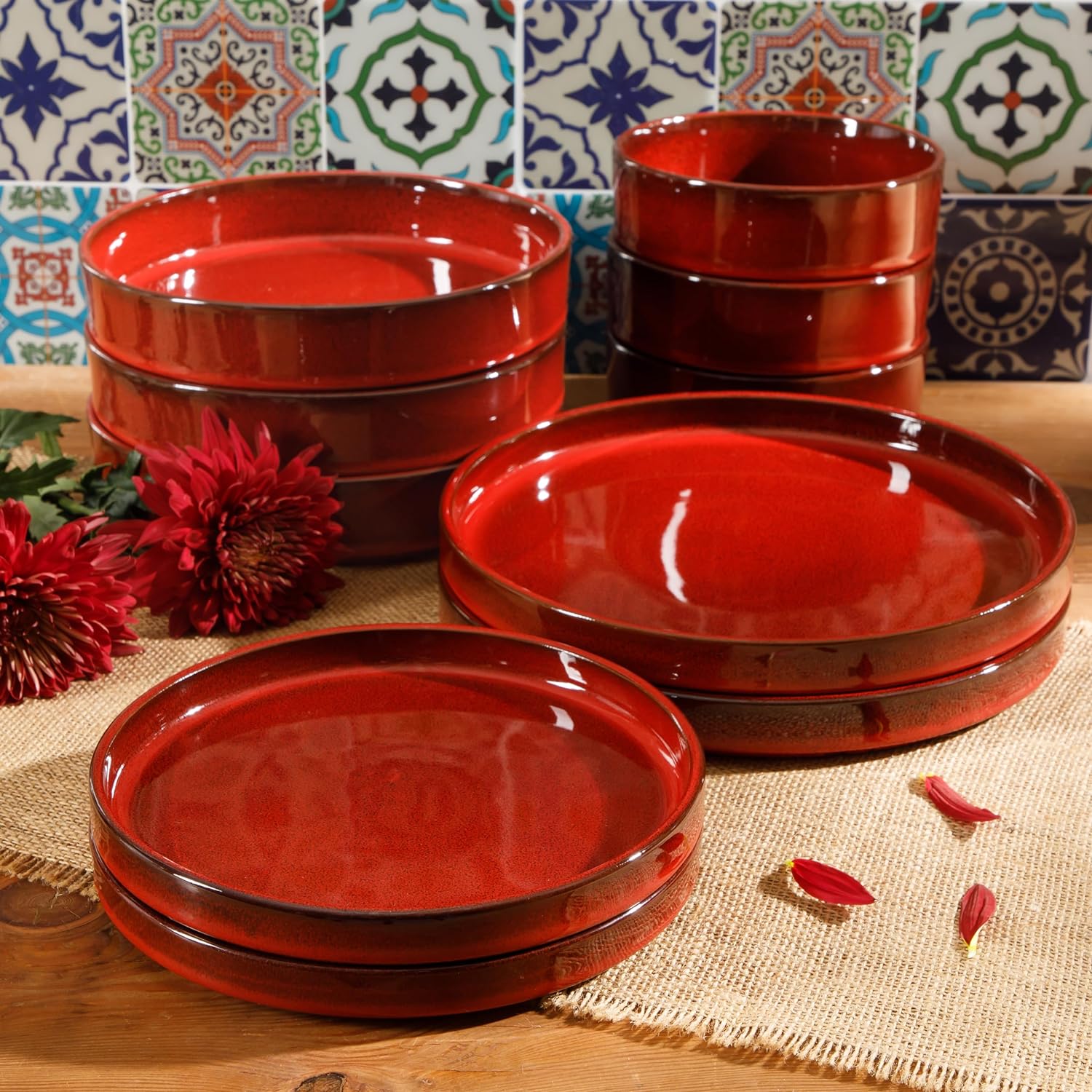Bloomhouse Santorini Mist 16 Piece Double Bowl Terracotta Reactive Glaze Plates and Bowls Dinnerware Set