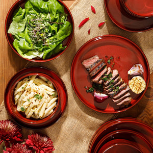 Santorini Mist - 16-Piece Dinnerware Set for 4 - Reactive Glaze Terracotta, Garnet Red