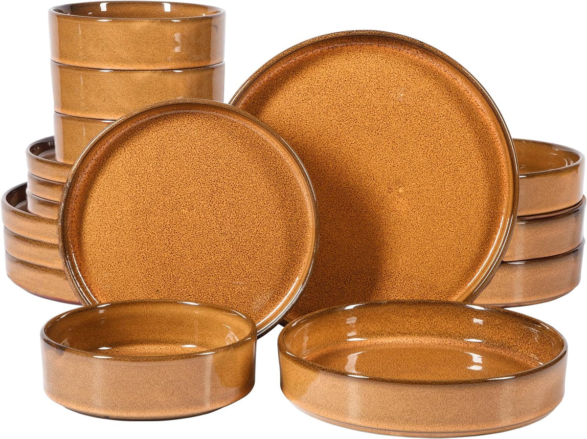Bloomhouse Santorini Mist 16 Piece Double Bowl Terracotta Reactive Glaze Plates and Bowls Dinnerware Set