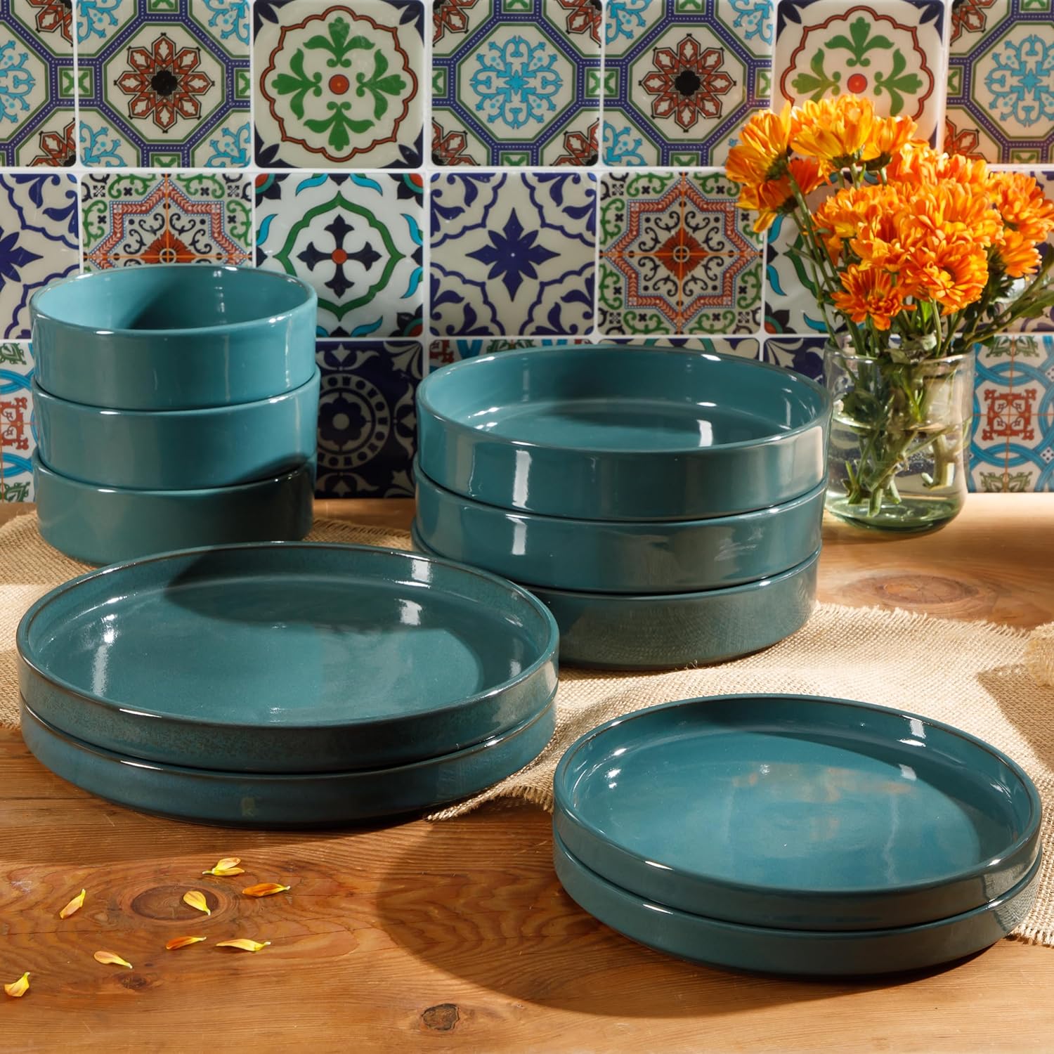 Bloomhouse Santorini Mist 16 Piece Double Bowl Terracotta Reactive Glaze Plates and Bowls Dinnerware Set