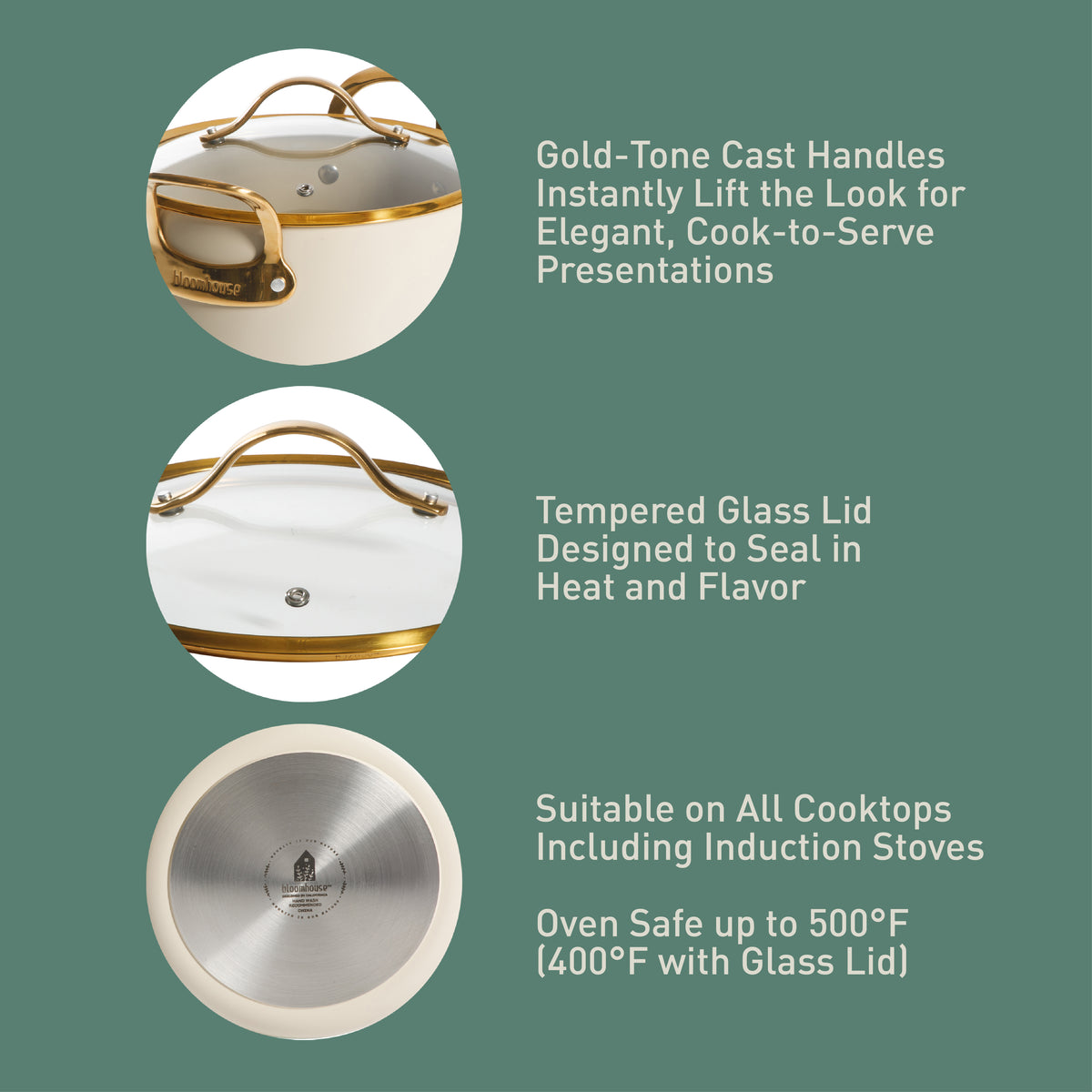 Bloomhouse 8 Quart Stock Pot with Lid – PFAS-Free Ceramic Nonstick Dutch Oven, Heavy Duty Aluminum, Oven Safe, Dishwasher Safe, Linen White with Gold Handles