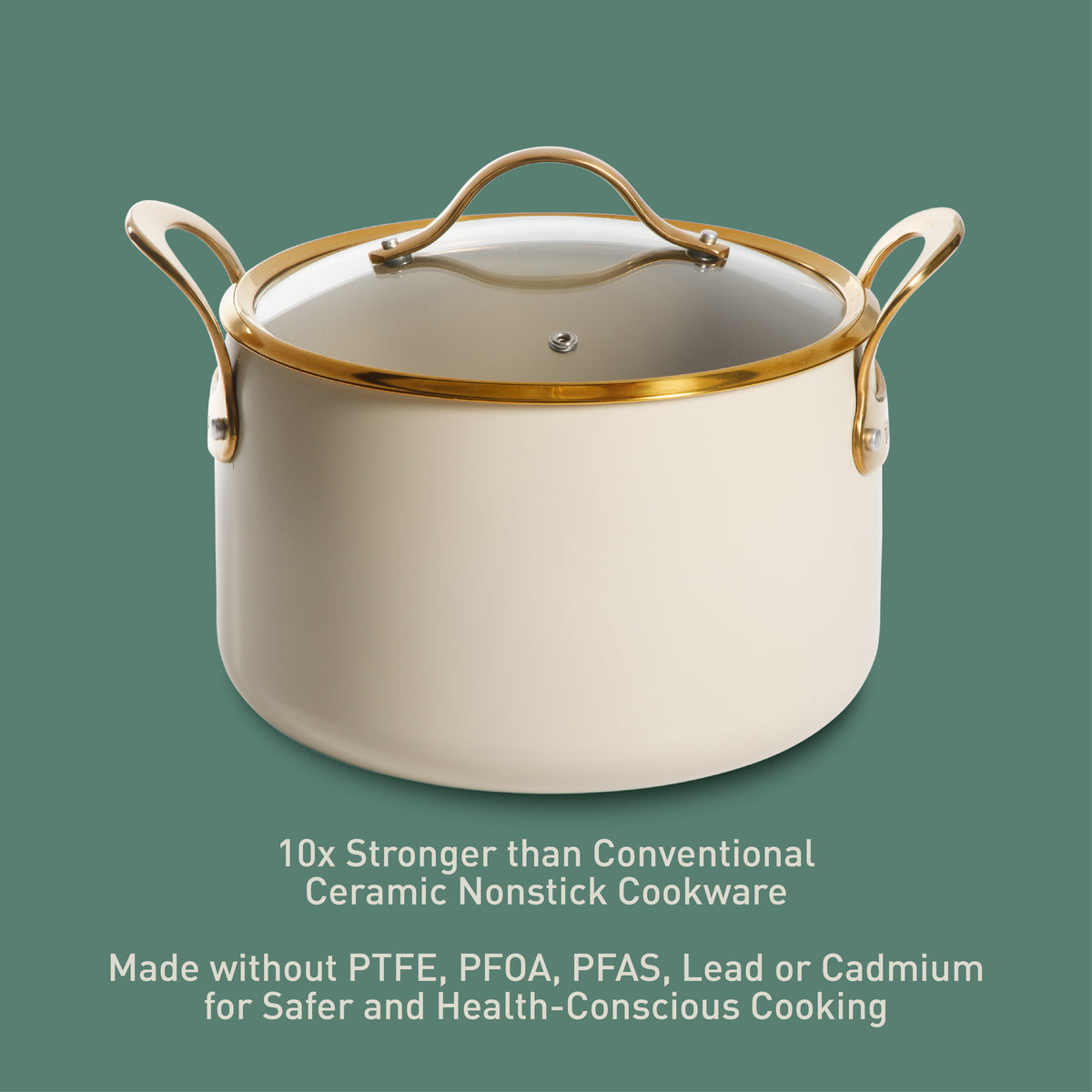 Bloomhouse 8 Quart Stock Pot with Lid – PFAS-Free Ceramic Nonstick Dutch Oven, Heavy Duty Aluminum, Oven Safe, Dishwasher Safe, Linen White with Gold Handles