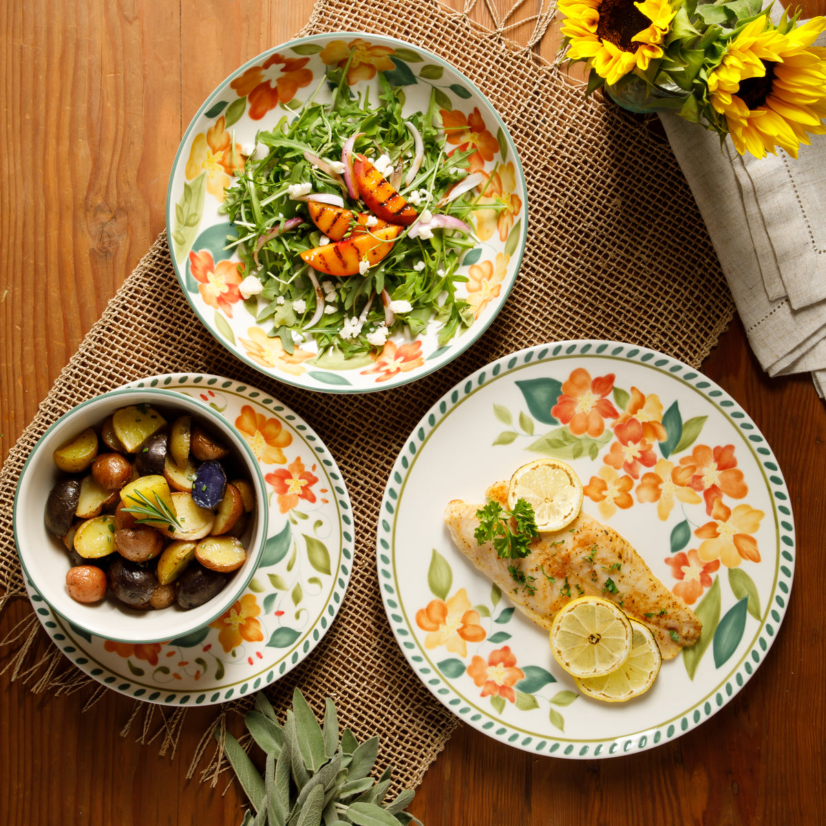 Bloomhouse Cassia Bud 16 Piece Double Bowl Hand Painted Stoneware Plates and Bowls Floral Dinnerware Set