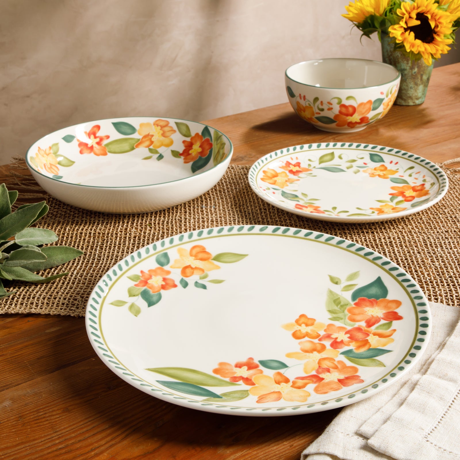 Bloomhouse Cassia Bud 16 Piece Double Bowl Hand Painted Stoneware Plates and Bowls Floral Dinnerware Set