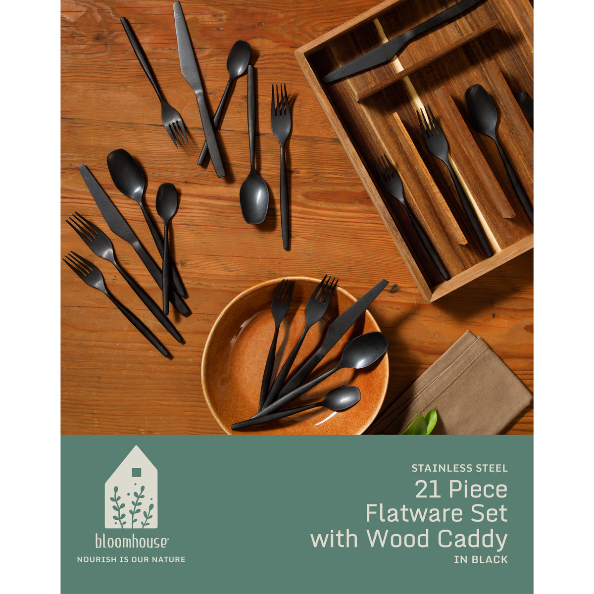 Bloomhouse 20 Piece Stone Washed Flatware 18/10 Stainless Steel Silverware Cutlery Utensil Set With Acacia Wood Caddy