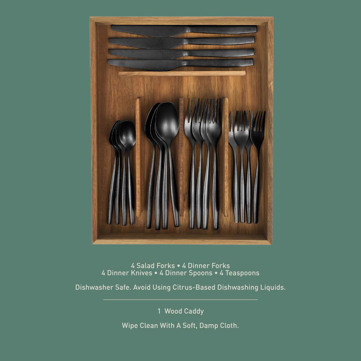 Bloomhouse 20 Piece Stone Washed Flatware 18/10 Stainless Steel Silverware Cutlery Utensil Set With Acacia Wood Caddy