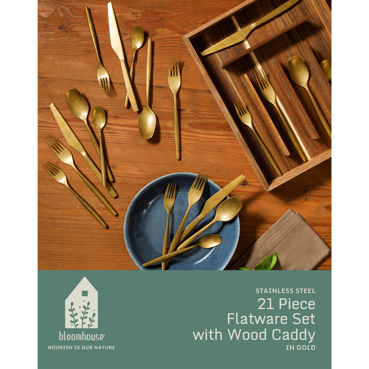 Bloomhouse 20 Piece Stone Washed Flatware 18/10 Stainless Steel Silverware Cutlery Utensil Set With Acacia Wood Caddy