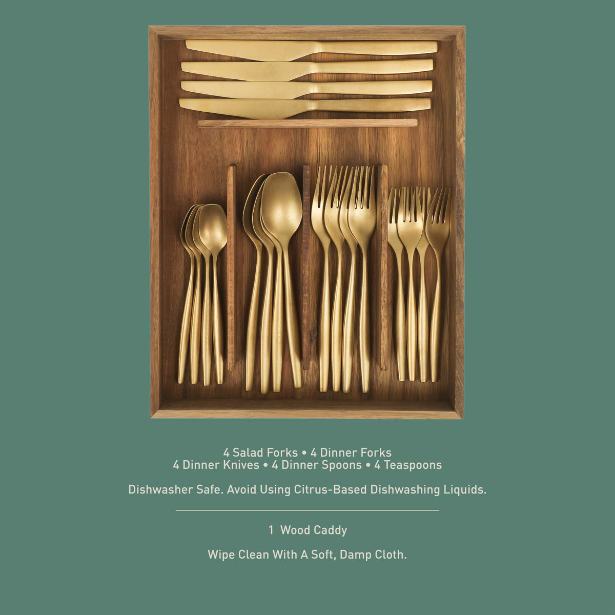 Bloomhouse 20 Piece Stone Washed Flatware 18/10 Stainless Steel Silverware Cutlery Utensil Set With Acacia Wood Caddy