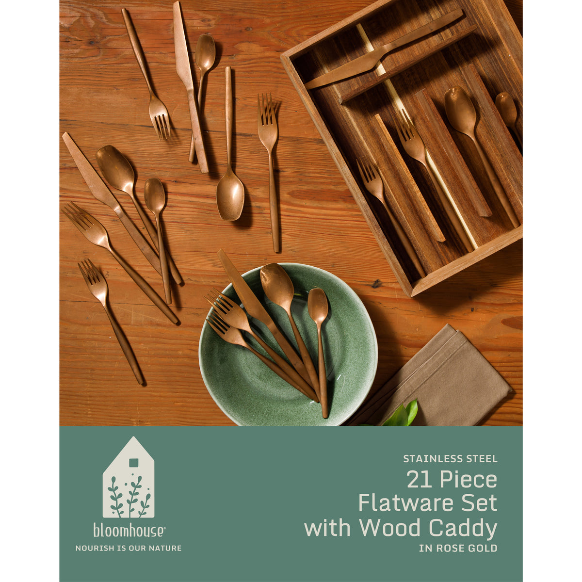 Bloomhouse 20 Piece Stone Washed Flatware 18/10 Stainless Steel Silverware Cutlery Utensil Set With Acacia Wood Caddy