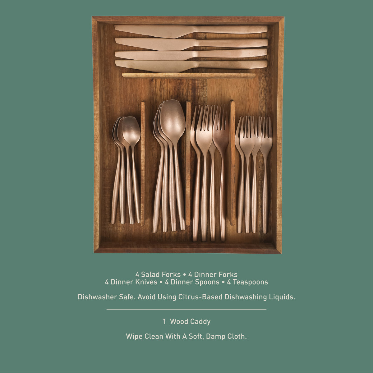 Bloomhouse 20 Piece Stone Washed Flatware 18/10 Stainless Steel Silverware Cutlery Utensil Set With Acacia Wood Caddy