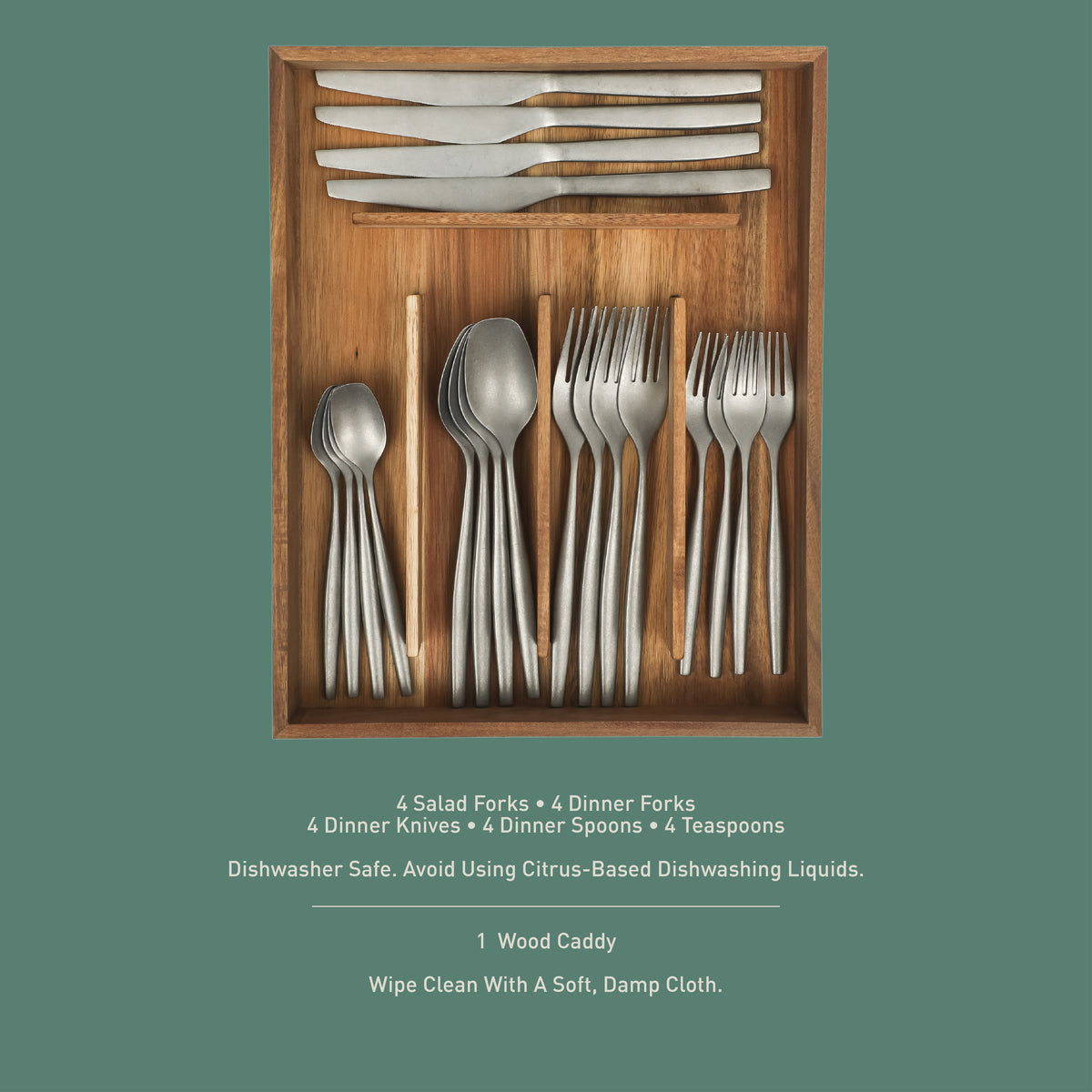 Bloomhouse 20 Piece Stone Washed Flatware 18/10 Stainless Steel Silverware Cutlery Utensil Set With Acacia Wood Caddy