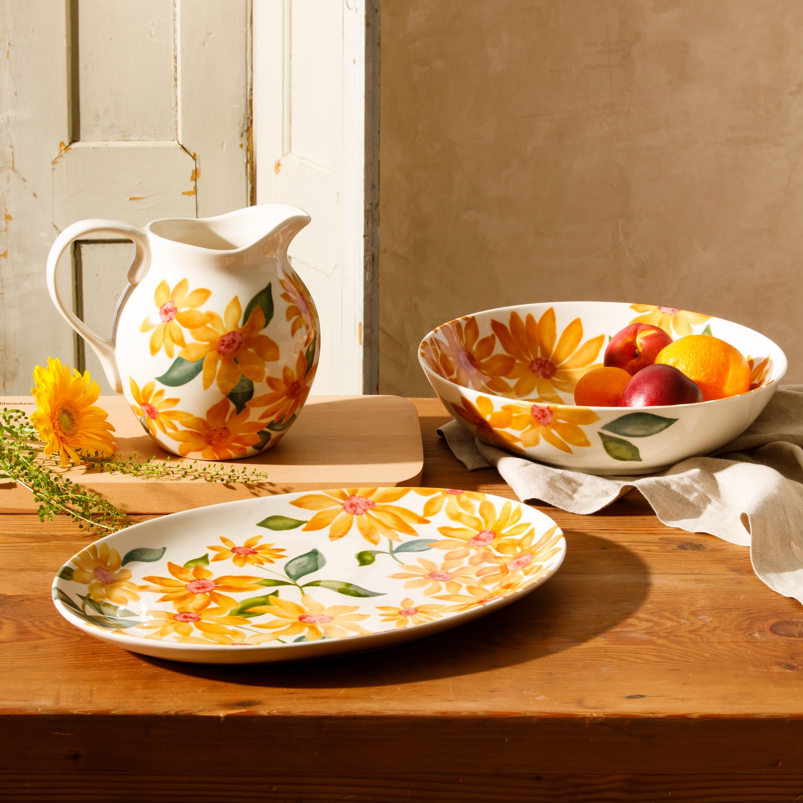 Bloomhouse Sunnyflower 2-Piece Hand-Painted Stoneware Platter and Bowl Serveware Set