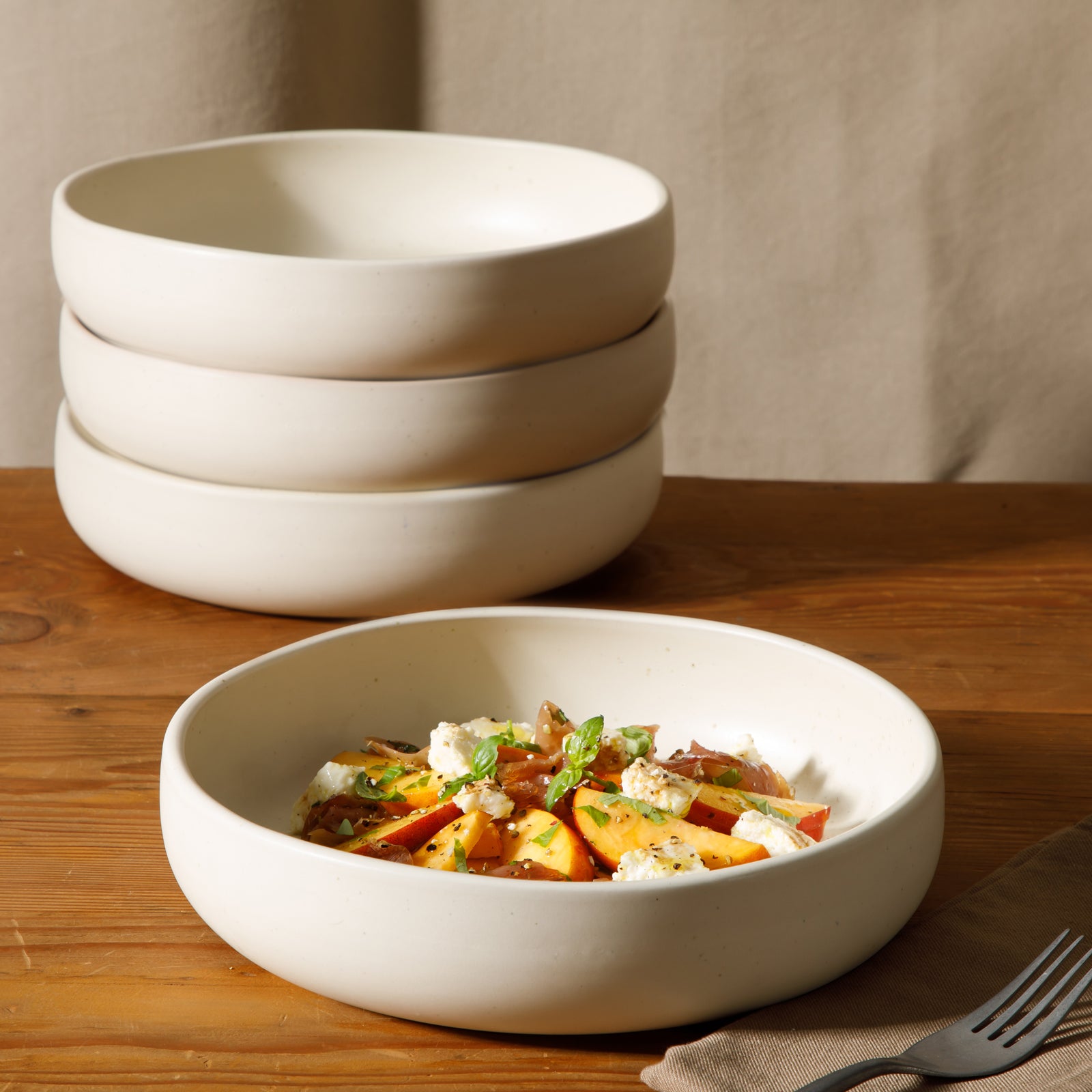 Corsica Clay - 4-Piece Pasta Bowl Set - Reactive Glaze Stoneware - Sea Salt White