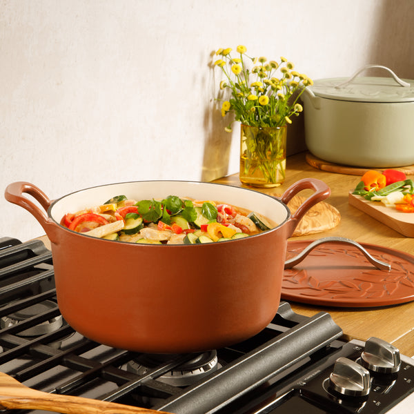 Bloomhouse 7-Quart European Enameled Cast Iron Dutch Oven w/ Olive Wood Trivet