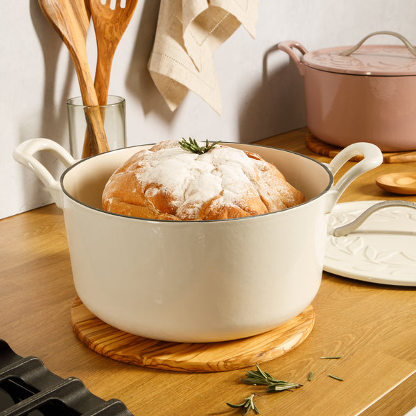 Bloomhouse 7-Quart European Enameled Cast Iron Dutch Oven w/ Walnut Wood Trivet