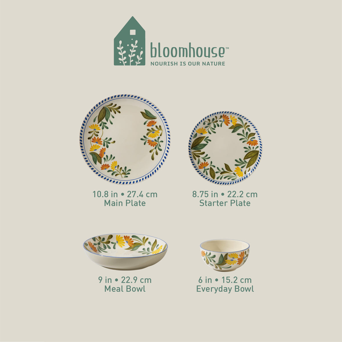 Bloomhouse Posy Blossom 16 Piece Double Bowl Hand Painted Stoneware Plates and Bowls Floral Dinnerware Set