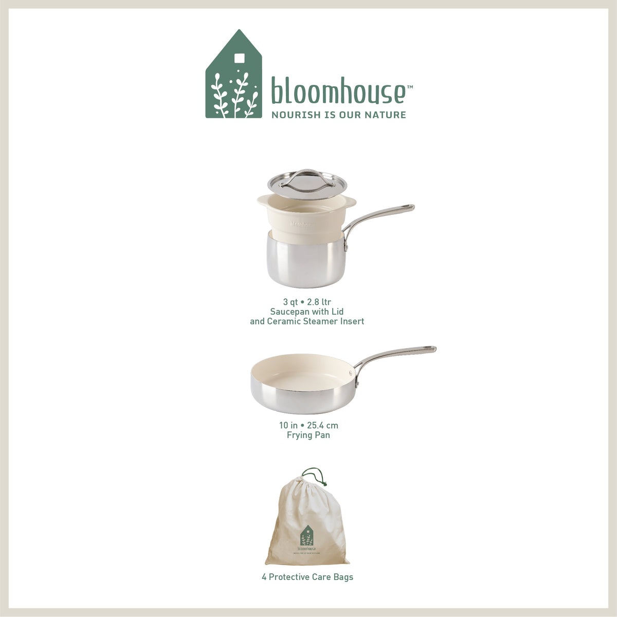 Bloomhouse 4-Piece Heavy-Gauge Aluminum Cookware Set w/ Ceramic Interior & Steamer Insert Oat White